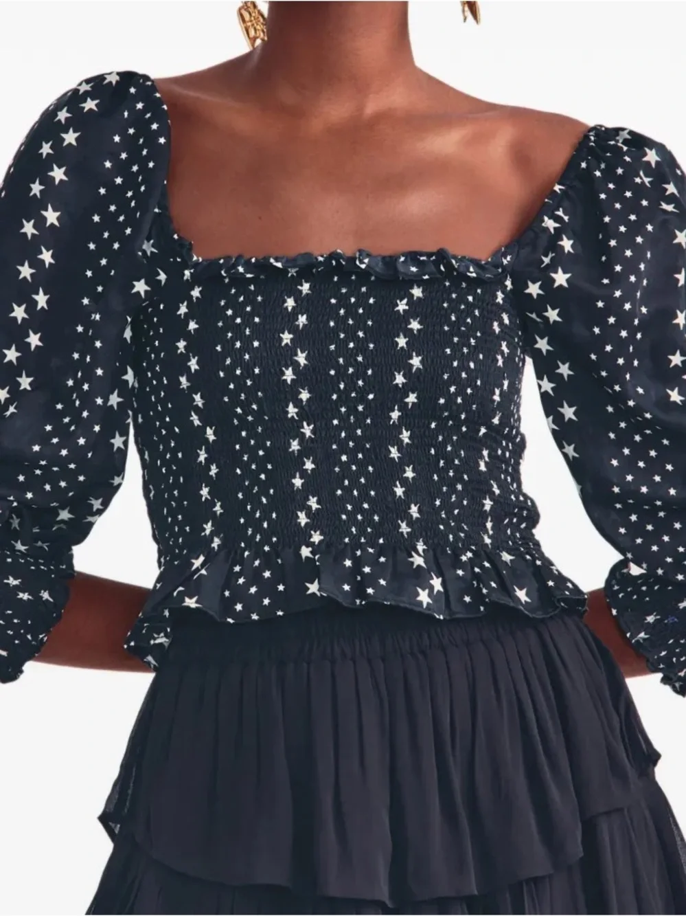 LoveShackFancy Russell Silk Black & White Star Top, NEW